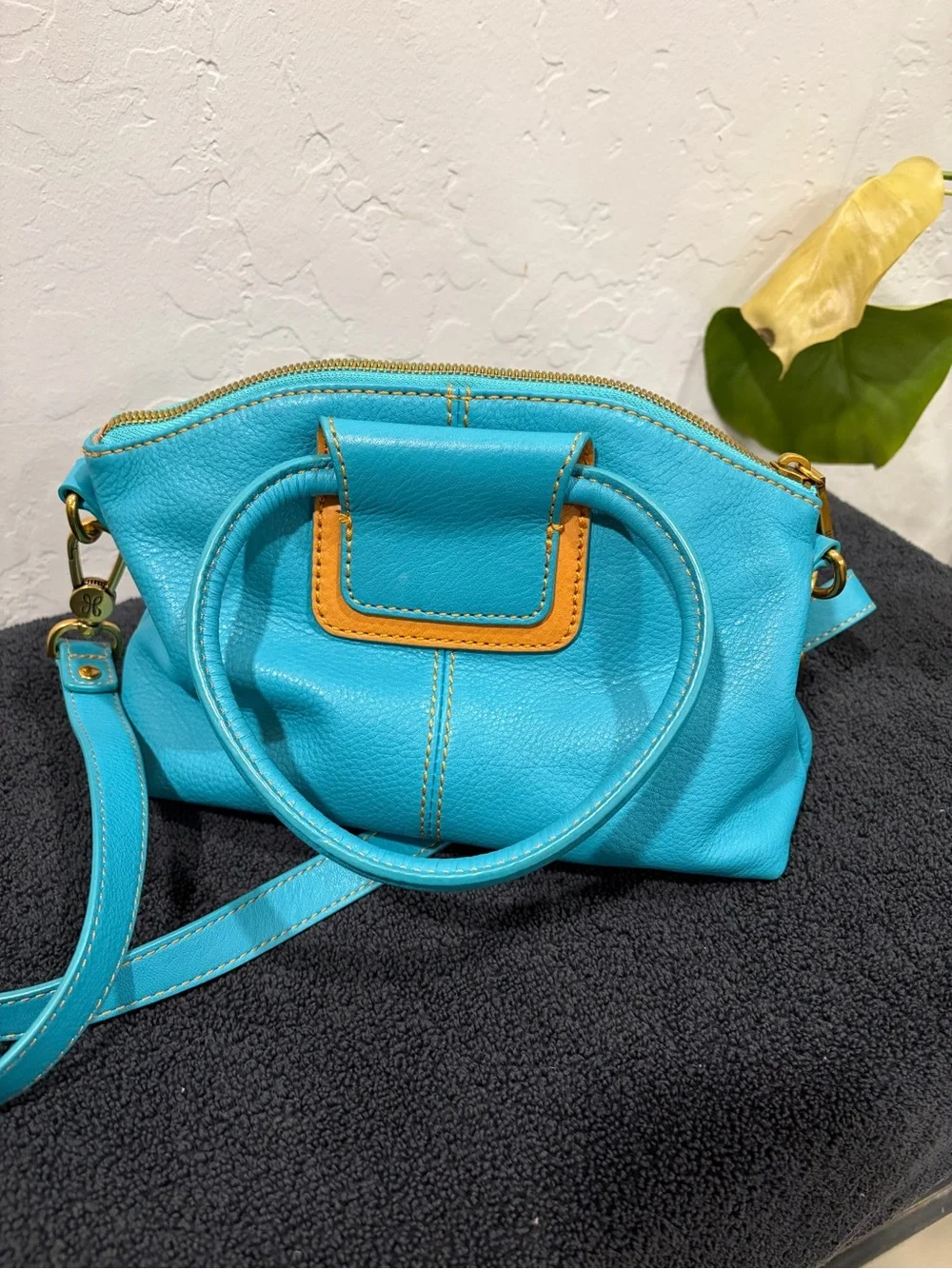 HOBO Turquoise Leather Crossbody Bag with Tan Accent